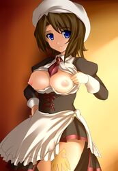 07th_expansion breasts brown_hair female female_only highres large_breasts maid nipples open_clothes open_shirt shannon_(umineko) shirt smile solo tattoo umineko_no_naku_koro_ni yoshimo