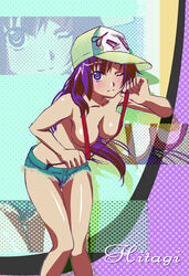 1girls baseball_cap breasts cap denim denim_shorts error female hat monogatari_(series) naked_suspenders purple_hair screencap senjougahara_hitagi shorts solo sugise_satoshi suspenders topless wink zoom_layer