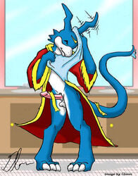 anthro digimon flamedramon front_view glenn male male_only open_robe penis robe solo standing tagme