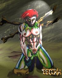 breasts clothes escoria female female_only front_view hair human kneeling marrow marvel muscles mutant nipples red_hair short_hair solo straight_hair tagme torn_clothes x-men