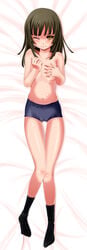 1girls 3: bakemonogatari breasts brown_hair buruma cameltoe covering covering_breasts dakimakura female footwear highres merusen@aki monogatari_(series) navel pregnant sengoku_nadeko socks solo sweatdrop thigh_gap thighs topless wince yellow_eyes