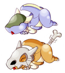 anus bone bottomless breasts closed_eyes color cubone exposed_breasts eyes female female_only interspecies kangaskhan mouth multiple_females multiple_girls nintendo open_mouth pokemon pokemon_(species) raised_tail skull straight_hair tail the_brave tongue topless vaginal_insertion white_background