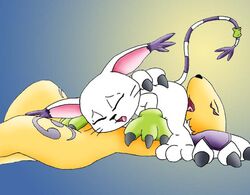 69 ass closed_eyes color cunnilingus digimon feline female female_only fingering fox fur furry furry_ass furry_ears furry_tail gatomon glove interspecies mewtwox multiple_females oral paw pointy_ears renamon tail tailmon white_fur yuri