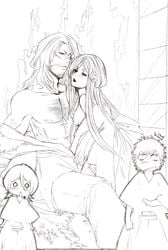 2boys 2girls artist_request bleach female hand_drawn highres ichigo_kurosaki kuchiki_rukia long_hair male monochrome nipples scar sode_no_shirayuki yhwach zangetsu zanpakutou_spirit