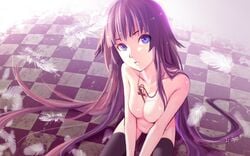 bakemonogatari blue_eyes checkerboard cross feathers female kneeling long_hair looking_at_viewer monogatari_(series) purple_hair senjougahara_hitagi very_long_hair violet_hair