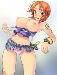 breasts female female_only human jewelry large_breasts log_pose nami nami_(one_piece) navel nipples one_piece orange_hair panties pre-timeskip short_hair skirt solo straight_hair surprised tattoo underwear wardrobe_malfunction water_7 yoko_jyusuke