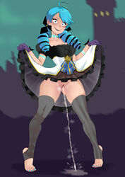 blue_hair blue_toenails cafin creepy_smile feet foot_fetish gwen_(league_of_legends) league_of_legends peeing pussy solo stirrup_legwear thighhighs toeless_legwear twin_drills twintails