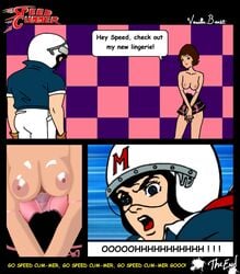 1boy 1girls breasts comic dialogue english_text exposed_breasts female go_mifune_(speed_racer) male michi_shimura_(speed_racer) nipples speech_bubble speed_racer_(mach_go_go_go) tagme topless_female