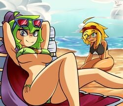 2girls armpits bare_shoulders beach belly big_breasts bikini breasts cleavage clothed clothes clothing diego_zx-f female female_only green_shadow_(pvz) hips huge_breasts human human_only humanized humanoid large_breasts looking_at_viewer lying mammal peashooter_(pvz) personification plants_vs_zombies plants_vs_zombies:_heroes seductive seductive_eyes seductive_look seductive_smile sitting smile smiling smiling_at_viewer solar_flare_(pvz) thick thick_thighs thighs voluptuous wide_hips