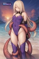 1440p 1girl 8k ai_assisted ai_generated bare_shoulders beach black_bodysuit blonde_hair cinematic elbow_gloves flat_chest freckles hair_over_one_eye impossible_bodysuit long_hair navel nipples nude purple_leotard purple_thighhighs skinny slim_body small source_anime struggling sunset tentacles tight_pussy uhd worried yellow_eyes young youthful