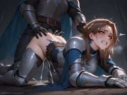 1boy 1girls ai_generated anal anal_sex armor bangs black_panties braided_bun breasts brown_eyes brown_hair clothed clothed_female_nude_male clothed_sex cum_filled_ass dark-skinned_male female forced_anal granblue_fantasy interracial interracial_anal katalina_aryze knight knight_armor male pale-skinned_female