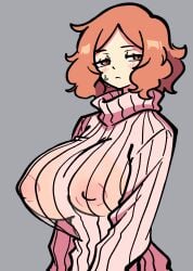 areolae_visible_through_clothing blush brown_eyes brown_hair clothed_female commissioner_upload erect_nipples haru_okumura looking_away nipples_visible_through_clothing persona persona_5 solo_focus sweat sweater