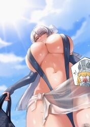 2girls bag blonde_hair blue_sky blue_sleeves blue_slingshot_swimsuit blush breasts cloud detached_sleeves english_commentary from_below grey_hair hair_over_one_eye highres holding holding_bag korean_commentary large_breasts long_hair looking_at_viewer mixed-language_commentary multiple_girls navel open_mouth parted_lips pointy_ears purple_eyes sarong see-through_clothes see-through_sarong sky slingshot_swimsuit sweat swimsuit white_sarong zenless_zone_zero
