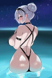 1girl alternate_costume ass ass_focus bare_shoulders bikini blush breasts cinderella_(crystal_wave)_(nikke) cinderella_(nikke) from_behind goddess_of_victory:_nikke grin hair_bun hair_over_one_eye huge_ass large_breasts long_hair looking_at_viewer looking_back naughty_face night red_eyes sideboob smile solo sunglasses sunglasses_on_head swimsuit thong thong_bikini water white_hair
