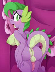 absurd_res anthro ass balls barb_(mlp) big_breasts big_butt blush breasts dragon friendship_is_magic furry futanari genitals gynomorph hasbro hi_res intersex looking_back my_little_pony non-mammal_breasts pearlyiridescence penis rear_view rule_63 solo