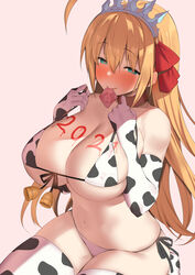 1girls 2021 b-ginga big_breasts bikini bikini_bottom bikini_top blonde_hair blush body_writing breast_press breasts collar condom condom_in_mouth covered_nipples cow_bikini cow_print cow_print_armwear cow_print_bikini cow_print_legwear female female_only green_eyes heart-shaped_pupils horny hypnosis pecorine princess_connect! princess_connect!_re:dive simple_background sitting solo thick_thighs thighs