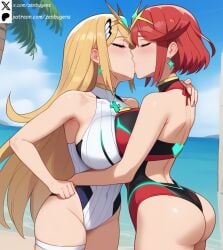 2girls ai_generated beach big_ass big_breasts big_butt blonde_hair huge_breasts kiss kissing long_hair mythra pyra red_hair swimsuit xenoblade_(series) xenoblade_chronicles_2 yuri zenbugens