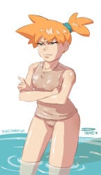 1girl annoyed artist_name breasts covered_nipples crossed_arms frown green_eyes hair_tie half-closed_eyes misty_(pokemon) nipples one-piece_swimsuit orange_hair phinci pokemon pussy see-through_clothes short_hair side_ponytail small_breasts solo standing swimsuit wading water wet wet_clothes