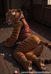 1girl abs ai_generated anthro black_pants female fit furry indoors kung_fu_panda master_tigress mountain muscular_female patreon_username solo standing striped sunset tail tiger vest watermark window wooden_floor yellow_eyes