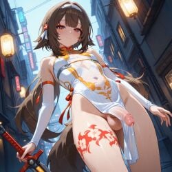 1futa ai_generated balls blush city dickgirl futa_only futa_sans_pussy futanari horny hoyoverse ian8766_(artist) imminent_oral intersex light-skinned_futa light_skin looking_at_viewer low-angle_view mihoyo partially_clothed penis pov precum self_upload standing sweat sword taker_pov teasing testicles trap twintails yaoi ye_shunguang ye_shunguang(zenless_zone_zero) zenless_zone_zero