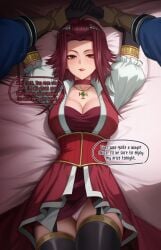 1boy 1girl absurdres akiza_izinski arms_up bed bed_sheet bedroom black_garter_straps black_gloves black_sleeves blue_jacket blush breasts brown_gloves bustier choker cleavage clothes_lift commission commissioner_upload corset curvy dress elbow_gloves english_dialogue english_text fudo_yusei garter_straps gloves grabbing_another's_arm hair_ornament highres indoors izayoi_aki jacket jewelry knee_up large_breasts licking licking_lips light_blush long_sidelocks long_sleeves lying medium_hair myeu necklace on_back out-of-frame_character out_of_frame out_of_frame_male panties pantyshot pencil_skirt pendant pink_panties puffy_short_sleeves puffy_sleeves red_choker red_collar red_corset red_dress red_eyes red_hair red_skirt seductive_gaze seductive_smile shadow short_hair_with_long_locks short_sleeves showgirl_skirt sidelocks skirt skirt_lift sleeves_past_elbows smile speech_bubble thick_thighs thighhighs thighs tongue tongue_out uncensored underwear upskirt variant_set yu-gi-oh! yu-gi-oh!_5d's