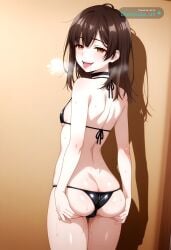 1girl ai_assisted ai_generated anime_screencap aroused black_choker black_lipstick brown_eyes brown_hair butt_crack cameltoe choker cowboy_shot crazy_smile drooling exhausted from_behind gluteal_fold heavy_breathing horny legs_together lewd long_hair looking_at_viewer micro_bikini multicolored_eyes ogiwara_sayu oiled_body open_mouth parted_lips petite purple_eyes pussy_juice_leaking red_cheeks seductive_expression sweaty tight_clothing tongue_out