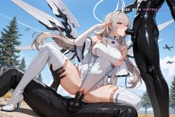 1girl ai_assisted ai_generated airplane animal_ears blue_sky chaos_zero_nightmare collar cowgirl deepthroat dynamic_pose earpiece embarrassed floating floating_hair floppy_ears flying frills full_body gradient_eyes grey_hair group_sex hair_intakes hair_ornament hand_up happy long_sidelocks long_sleeves looking_at_viewer mechanical_halo mechanical_horns midair moaning mole_under_eye naked orange_eyes outdoors outside overalls pants parted_bangs purple_eyes pussy_sex saliva salute shaking side_view sidelocks smile spread_legs suspenders tree very_long_hair