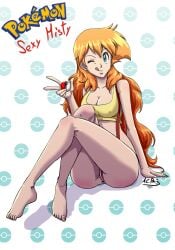 1girl ;p ;q aged_up alternate_hairstyle anus arm_support barefoot bottomless breasts castagno character_name cleavage covered_nipples crop_top crossed_legs feet full_body green_eyes hair_down holding holding_poke_ball large_breasts legs long_hair looking_at_viewer medium_breasts misty_(pokemon) one_eye_closed orange_hair poke_ball poke_ball_(basic) pokemon pussy sitting smile solo suspenders tank_top toes tongue tongue_out uncensored v very_long_hair