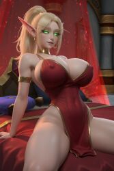 ai_generated bedroom big_breasts blonde_hair blood_elf elf elf_female female_only huge_breasts large_breasts minidress on_bed ponytail seductive seductive_pose warcraft world_of_warcraft