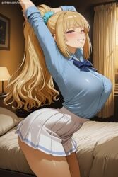 1girl ai_generated arms_up bangs blonde_hair blue_bow blue_neckwear blush bowtie breasts classroom_of_the_elite eyebrows_visible_through_hair grin hair_scrunchie hi_res high_ponytail high_quality high_resolution indoors karuizawa_kei large_breasts long_hair looking_at_viewer patreon pleated_skirt ponytail purple_eyes savvyraexo school_uniform scrunchie seductive sexy skirt smile solo uncensored watermark