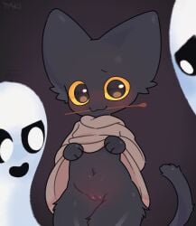 2026 anthro belly belly_button black_eyes black_fur blush blush_lines blushing blushing_at_viewer cat cat_ears cat_humanoid cat_tail female female_focus fur furry ghost half-dressed half_dressed half_naked half_nude looking_at_viewer momo_(google) pussy showing_pussy ttaki vaginal