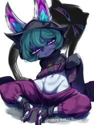 1girl andenmozui animal_ear_fluff animal_ears artist_name black_nose black_shirt clothes_lift colored_skin commentary_request ears_through_headwear extra_eyes flat_chest green_hair grey_skin grin half-closed_eyes highres hood jewelry league_of_legends legs long_sleeves navel necklace no_panties pants partial_commentary pink_eyes purple_pants pussy pussy_peek sandals sharp_teeth shirt shirt_lift simple_background sitting sleeves_past_fingers sleeves_past_wrists slit_pupils smile socks spread_legs stirrup_legwear teeth toeless_legwear toeless_socks vex_(league) vex_shadow_(league) white_background yordle