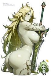 1girl ai_assisted ai_generated ass big_ass big_breasts big_butt big_tits blonde_hair busty chibi colored_sclera crossed_arms curvy cute fat_ass final_fantasy_xiv full_body greatsword green_eyes green_hair green_lips green_skin hair_pull huge_ass huge_breasts large_ass large_breasts massive_breasts monster_girl narrow_waist nipples nude planted simple_background slim_waist solo thick_ass thick_thighs very_long_hair white_background wide_hips