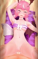 1boy 1girls 3d animated bow camila_(vtuber) claws fangs hair_ornament head_wings imp indie_virtual_youtuber jumngee jungee no_sound pink_hair purple_eyes pussy sex sharp_ears striped swimsuit tagme twintails video virtual_youtuber vtuber wings