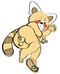 5_fingers after_sex aggressive_retsuko anthro balls closed_eyes cum cum_leaking furry_male mammal red_panda simple_background smooth_fur tail