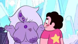 1boy 1boy1girl 1girls accurate_art_style amethyst_(steven_universe) belly biting_lip blush cartoon_network closed_eyes clothed_male_nude_female female glands_of_montgomery hair_over_one_eye huge_areolae inverted_nipples kabrro large_breasts lipstick long_hair looking_at_breasts makeup nude_edit purple_skin screenshot_edit shortstack staring_at_breasts steven_quartz_universe steven_universe tattoo