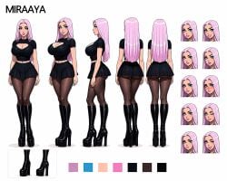 ai_generated big_ass big_boobs big_breasts black_shirt black_skirt blue_eyes boobs character_sheet cleavage fishnets heel_boots miraaya model model_sheet pink_hair skirt slim_waist