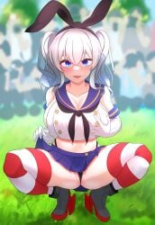 1girls absurdres black_hairband black_neckerchief black_panties blue_eyes blue_skirt blurry blurry_background breasts cosplay crop_top elbow_gloves female gloves grabbing_own_breast grey_hair hairband highleg highleg_panties highres kantai_collection kashima_(kantai_collection) kazuryuu large_breasts microskirt neckerchief panties pleated_skirt sailor_collar shimakaze_(kantai_collection)_(cosplay) sidelocks skirt solo_focus spread_legs squatting striped_clothes striped_thighhighs thighhighs thong thong_panties twintails underwear wavy_hair white_gloves