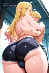1boy 1girl ahoge ai_assisted ai_generated blonde_hair curvy_body elf femboy hug hugging_from_behind looking_back narrow_waist nervous_expression nervous_smile penis_bulge red_eyes standing tight_shorts topless view_from_below wide_hips