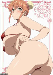 1girl ass bikini blush breasts bun_cover eyelashes from_below hair_bun huge_breasts looking_at_viewer moeshino red_bikini smile swimsuit underboob yellow_eyes