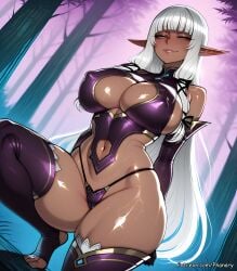 1girl ai_generated bare_shoulders big_ass blunt_bangs blush breasts bubble_butt cameltoe cleavage clothing_cutout comic comic_page covered_nipples curvy dark-skinned_female dark_elf dark_skin elbow_gloves elf english_text evelyn_celebrian forest gloves hair_ribbon half-closed_eyes highleg highres huge_breasts large_breasts lips long_hair looking_at_viewer multiple_panels nature navel navel_cutout on_one_knee outdoors panties parted_lips patreon phanary pointy_ears purple_panties purple_thighhighs ribbon shiny_clothes shiny_skin sidelocks skindentation smile solo speech_bubble sweat thick thick_thighs thighhighs thighs toeless_legwear toes tree underwear very_long_hair white_hair yellow_eyes youkoso!_sukebe_elf_no_mori_e