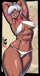 1girl abs antonubbies armlet armpits arms_behind_head arms_up artist_logo artist_name bare_legs big_breasts bikini black_border border bracelet breasts capcom commentary cowboy_shot criss-cross_halter dark-skinned_female dark_skin earrings elena_(street_fighter) hair_over_one_eye halterneck highres instagram_logo jewelry large_breasts legs_together lips lipstick logo looking_at_viewer makeup medium_breasts muscular muscular_female navel neck_ring nose obliques one_eye_closed outline patreon_logo short_hair smile solo standing stomach street_fighter street_fighter_6 street_fighter_iii_(series) swimsuit tall_female thick_thighs thighs toned twitter_logo twitter_username underboob very_dark_skin white_bikini white_hair white_outline zoom_layer