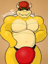 animal_humanoid anthro bara biped bowser bulge hair hi_res horn humanoid koopa koopa_humanoid looking_at_viewer male male/male male_only mammal mario_(series) muscular muscular_humanoid muscular_male nintendo raptorart reptile scalie scalie_humanoid simple_background smile solo video_games