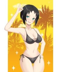 armpits arms_behind_head bikini black_bikini blush embarrassed gesture hand_on_hip large_breasts lilshironeko looking_at_viewer marie_(persona_4) persona persona_4 smile thighs upper_teeth upper_teeth_only