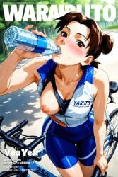 ai_generated bicycle breasts brown_eyes brown_hair double_bun drinking_water faprunner78 hair_bun looking_at_viewer magazine_cover naruto_(series) natural_breasts nipples one_breast_out small_breasts tenten water_bottle