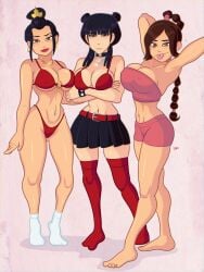 3girls arms_up armwear avatar_the_last_airbender azula bandeau barefoot belly belly_button belly_piercing belt belt_buckle belted_skirt big_breasts black_hair black_skirt bottomwear bra bra_strap braid braided_hair breasts brown_eyes brown_hair choker cleavage clothing double_bun ear_piercing earrings feet female female_only footwear full_body hair hips hoop_earrings jewelry jumpdriiver legs legwear lips lipstick mai_(avatar) makeup miniskirt necklace neckwear o-ring o-ring_bikini o-ring_top panties pierced_belly_button pierced_tongue piercing piercings pink_shorts red_bra red_lips red_lipstick red_panties red_thighhighs revealing_clothes short_shorts short_skirt shorts skirt socks spiked_bracelet thick_lips thighhighs thighs tongue tongue_out tongue_piercing topwear tubetop ty_lee