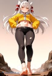 1girl ai_assisted ai_generated barefeet belt big_feet black_pants dark_skin dirty_feet from_below full_body hair_tubes hands_on_hips long_hair long_sleeves long_toes looking_at_viewer navel presenting_foot sole_focus standing standing_on_one_leg stinky_feet sweaty_feet twintails yellow_eyes yellow_jacket