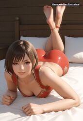 1girl ai_assisted ai_generated anklet bare_shoulders barefeet bedroom cleavage curvy_body detailed_feet eyes_half_closed feet_up green_eyes grin jewelry looking_at_viewer narrow_waist petite prone_position realistic round_ass short_hair small_breasts soft_breasts the_pose thighhigh tired wide_hips