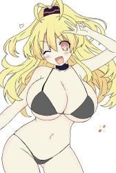 :d black_bikini blush hand_above_head happy huge_breasts neptunia_(series) one_eye_closed smile thick_thighs v wide_hips yellow_heart_(neptunia)