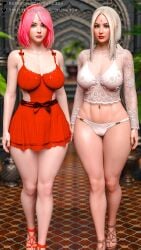 2girls 3d big_breasts blonde_hair breasts busty female female_focus female_only hourglass_figure naruto_(series) pink_hair sakura_haruno tagme tsunade wide_hips yume3dx